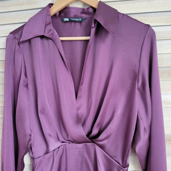 Zara Satin Effect Plum Eggplant Purple Ruched Long Sleeved Mini Dress sz XS - Picture 4 of 4